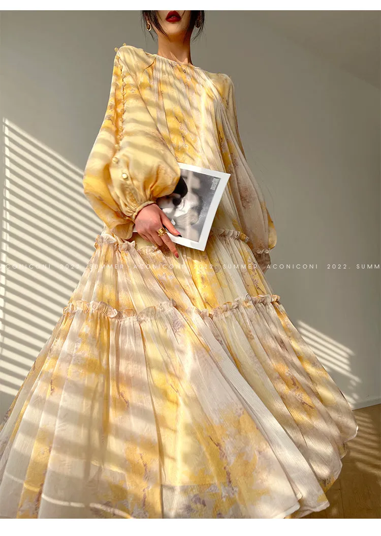 Aconiconi｜SunsetLight Luxury Heavy Premium French Ink Print Swing Dress -pomelo