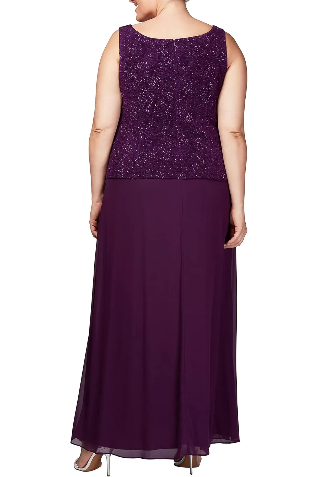 Alex Evenings Scoop Neck 3/4 Sleeve Jacquard Glitter Embellished Chiffon Skirted 2-Piece Jacket Dress (Plus Size)