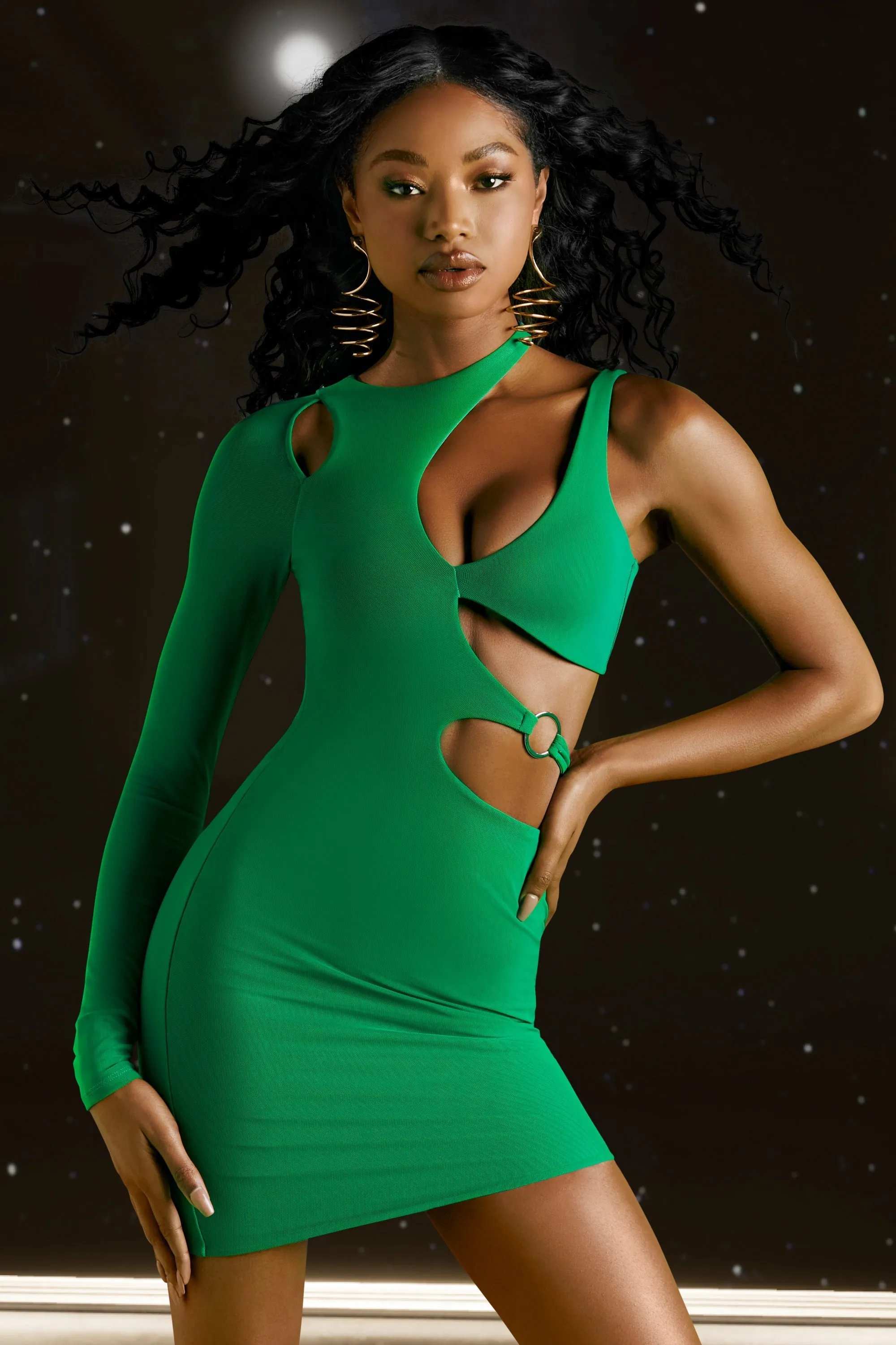Asymmetric Cut Out Mini Dress in Green