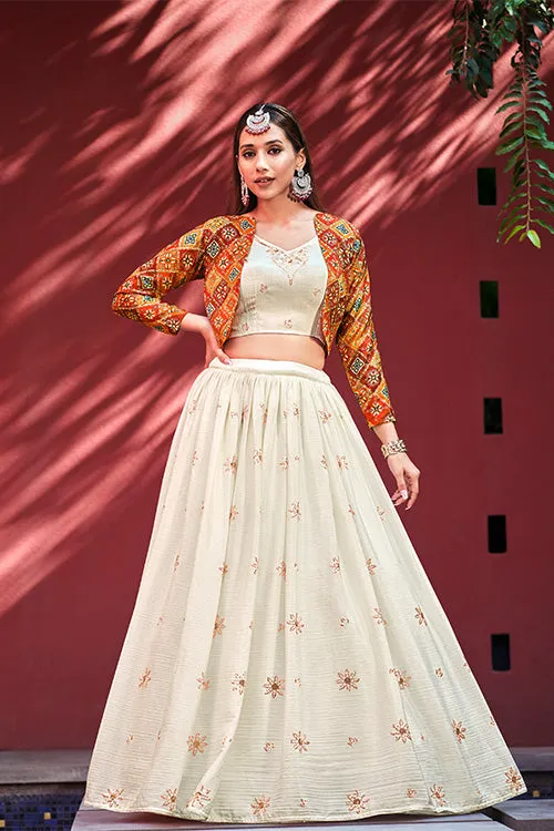 Beige Chiffon Sequence Embroidered Work Lehenga Choli with Jacket