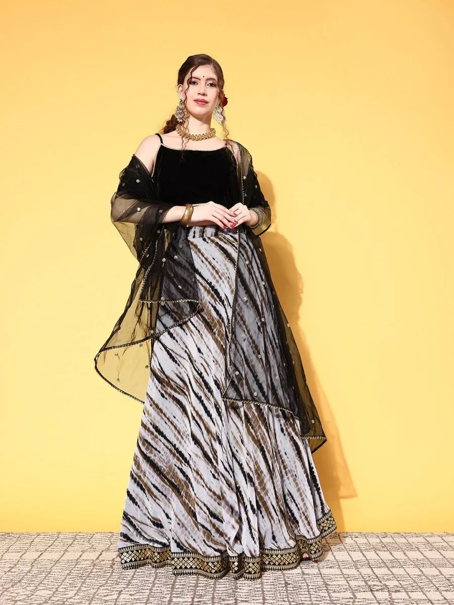Black & White Embellished Semi-Stitched Lehenga & Unstitched Blouse With Dupatta