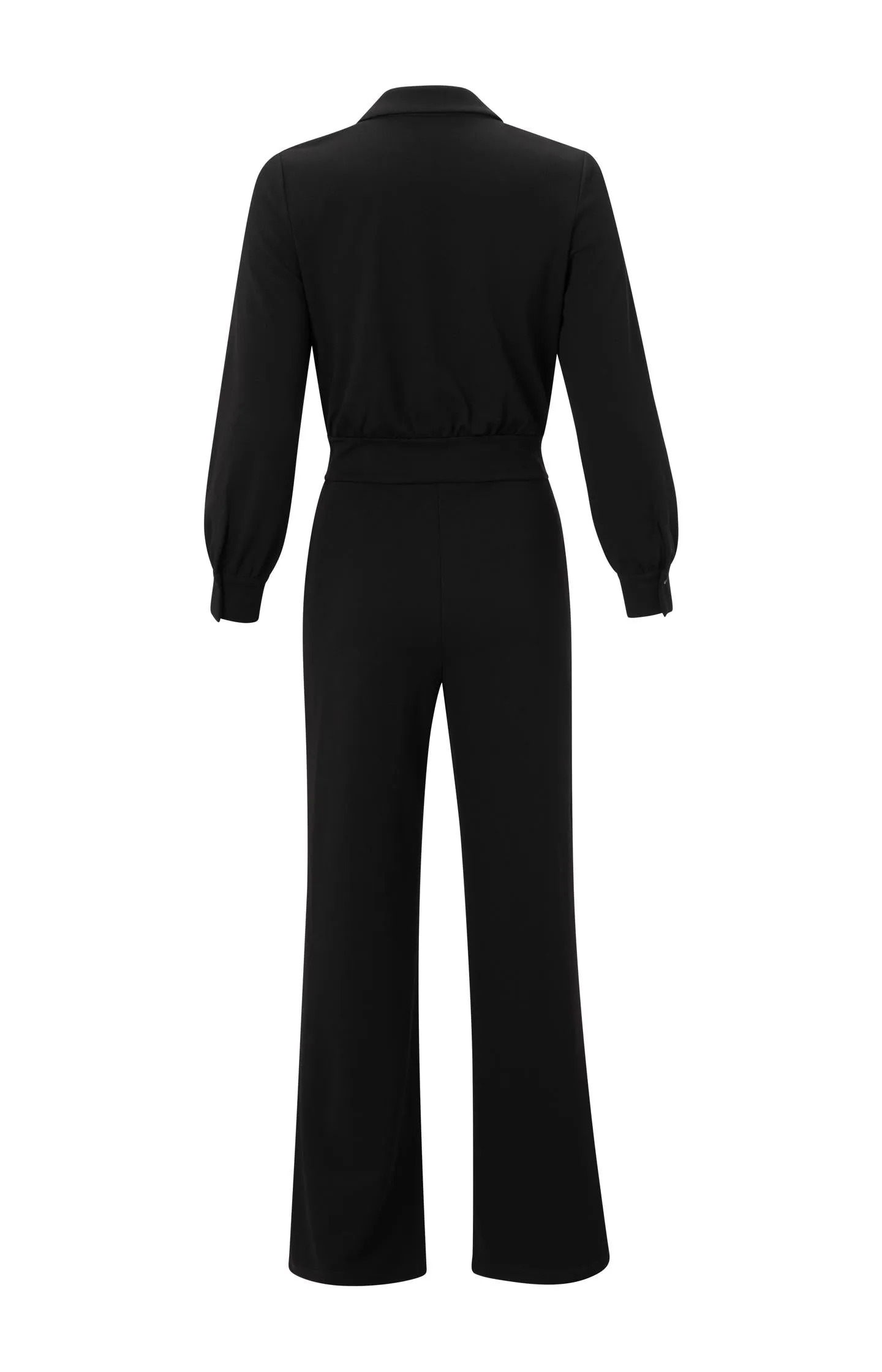Black jumpsuit with long sleeves and wide legs