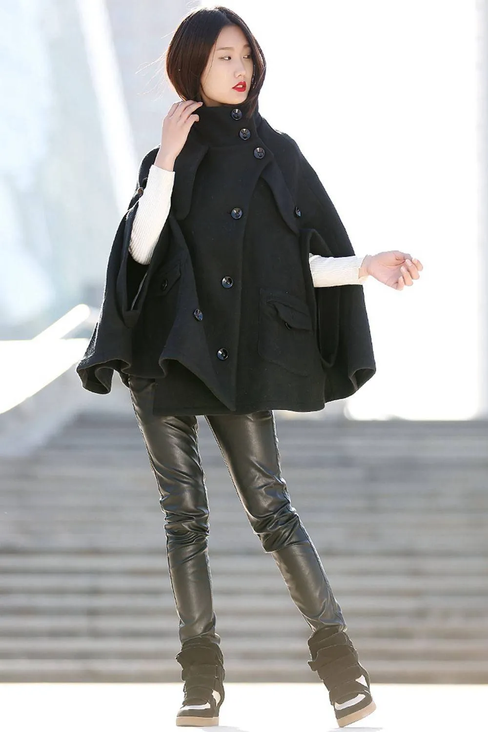 Black Poncho Style High Collar Short Women Cloak Jacket - C193