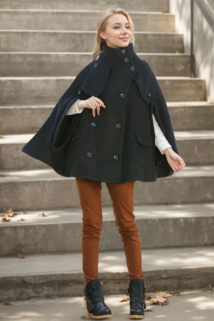 Black Poncho Style High Collar Short Women Cloak Jacket - C193