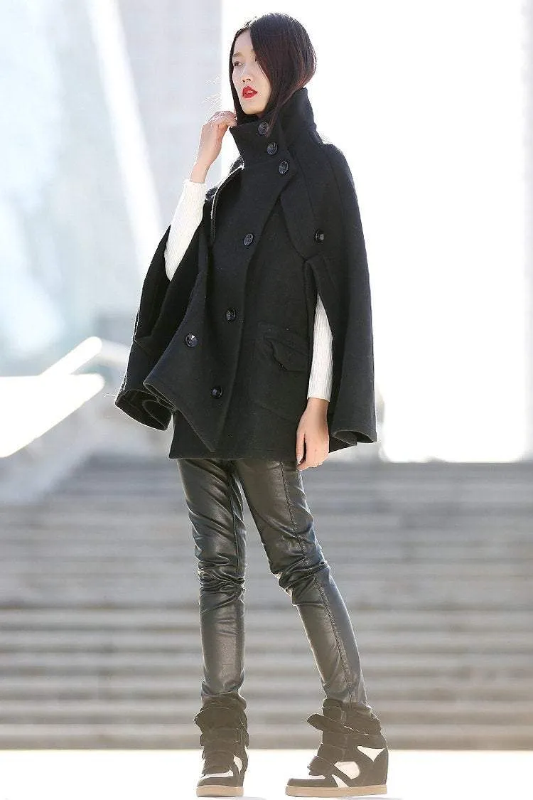 Black Poncho Style High Collar Short Women Cloak Jacket - C193