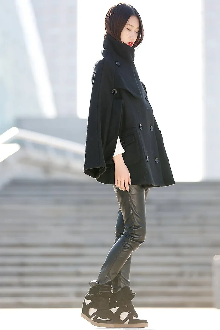 Black Poncho Style High Collar Short Women Cloak Jacket - C193
