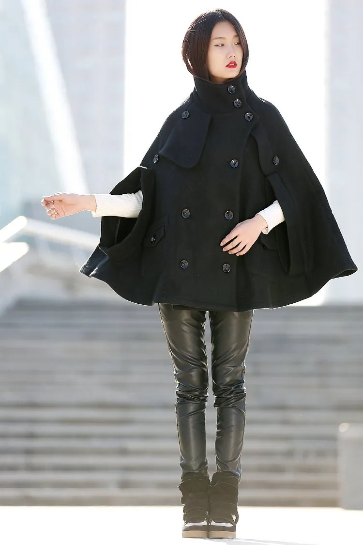 Black Poncho Style High Collar Short Women Cloak Jacket - C193