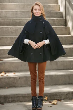 Black Poncho Style High Collar Short Women Cloak Jacket - C193