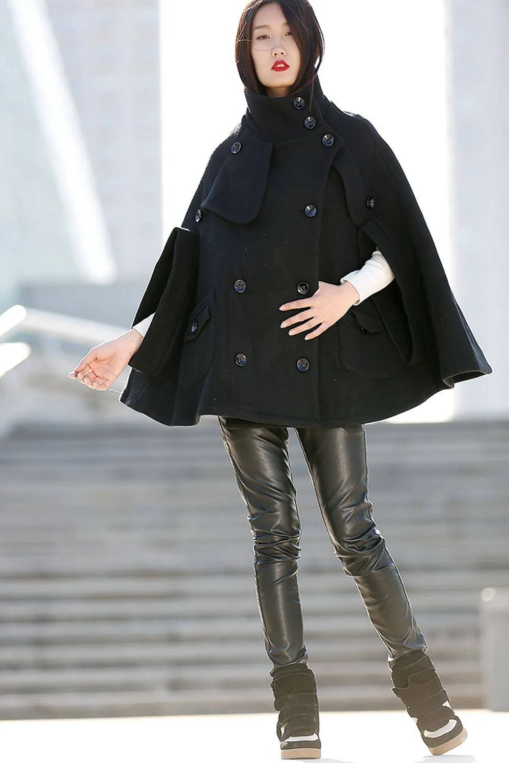 Black Poncho Style High Collar Short Women Cloak Jacket - C193