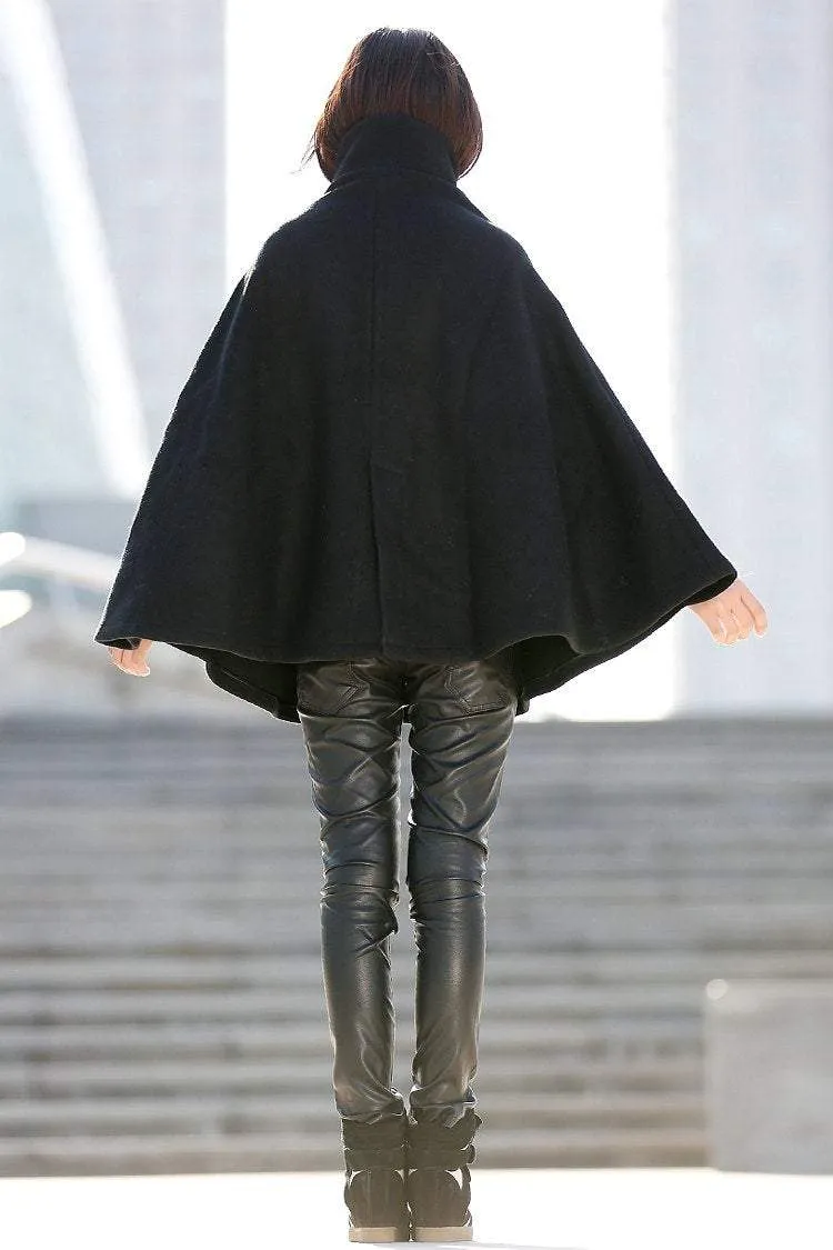 Black Poncho Style High Collar Short Women Cloak Jacket - C193