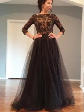 Black Prom Dress Lace Top Tulle Prom Dress with Sleeves