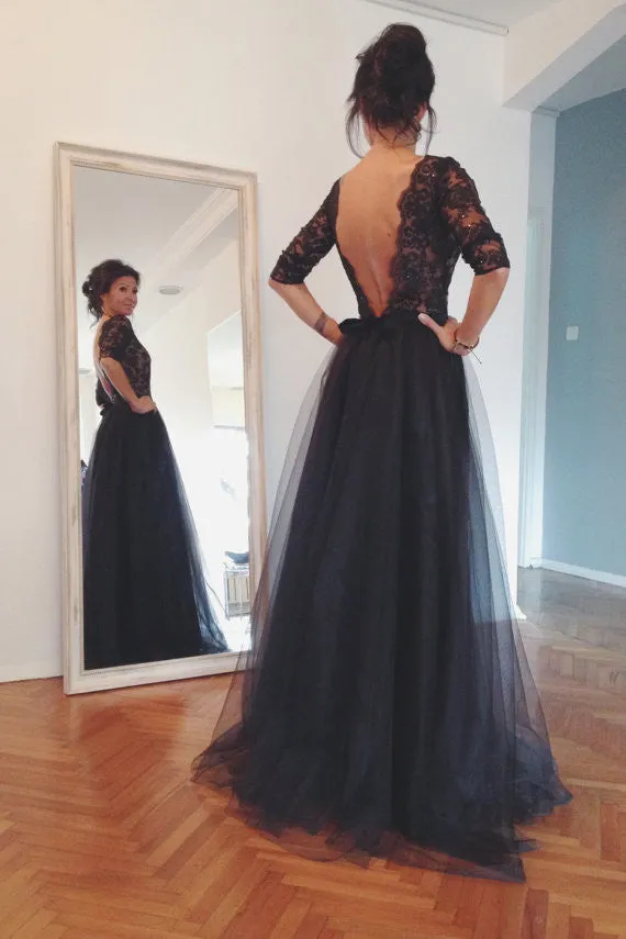 Black Prom Dress Lace Top Tulle Prom Dress with Sleeves