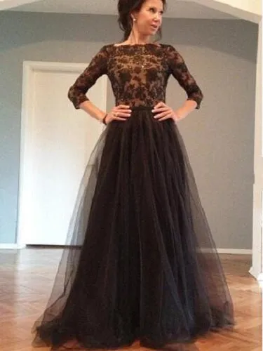 Black Prom Dress Lace Top Tulle Prom Dress with Sleeves