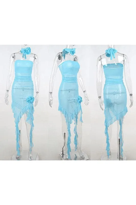 BY427 Mesh Ruffle Short Dress
