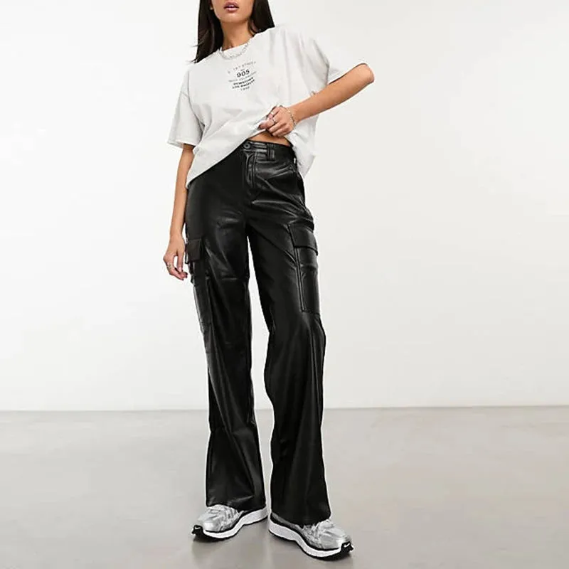 Casual Faux Leather Cargo Pants