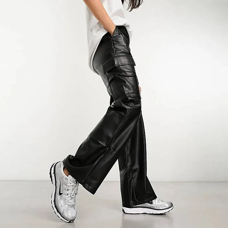 Casual Faux Leather Cargo Pants