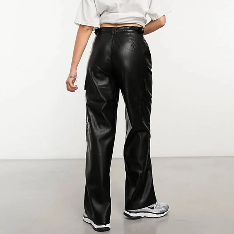 Casual Faux Leather Cargo Pants