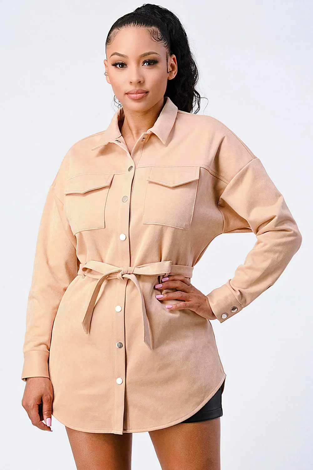 COLLARD WAIST TIE BUTTON DOWN POCKETS JACKET