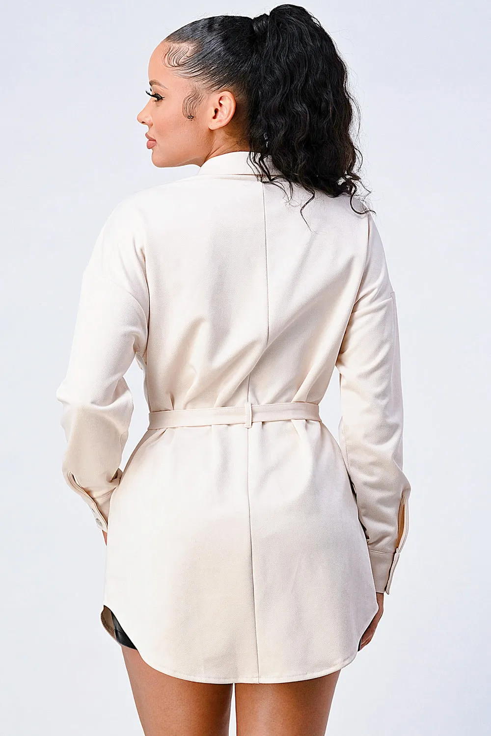 COLLARD WAIST TIE BUTTON DOWN POCKETS JACKET