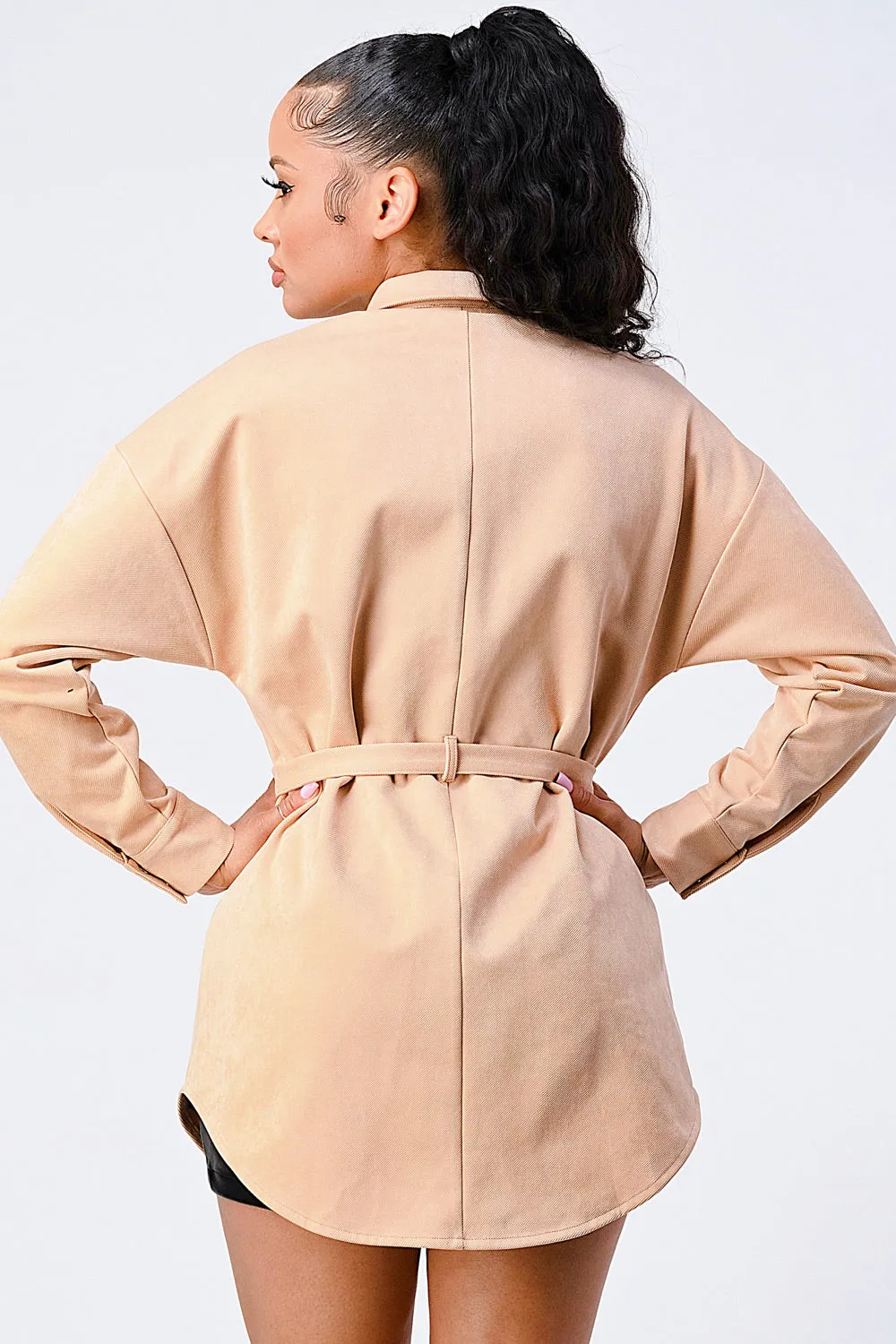 COLLARD WAIST TIE BUTTON DOWN POCKETS JACKET