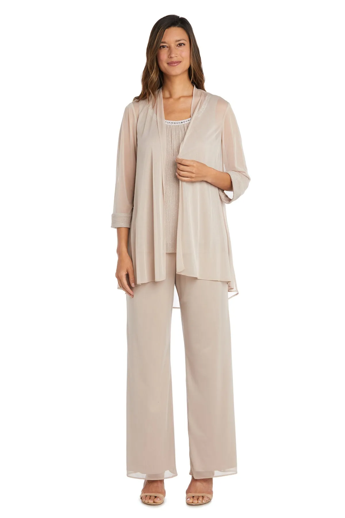 Crinkle Chiffon Three-Piece Pant Set with Beaded Neckline