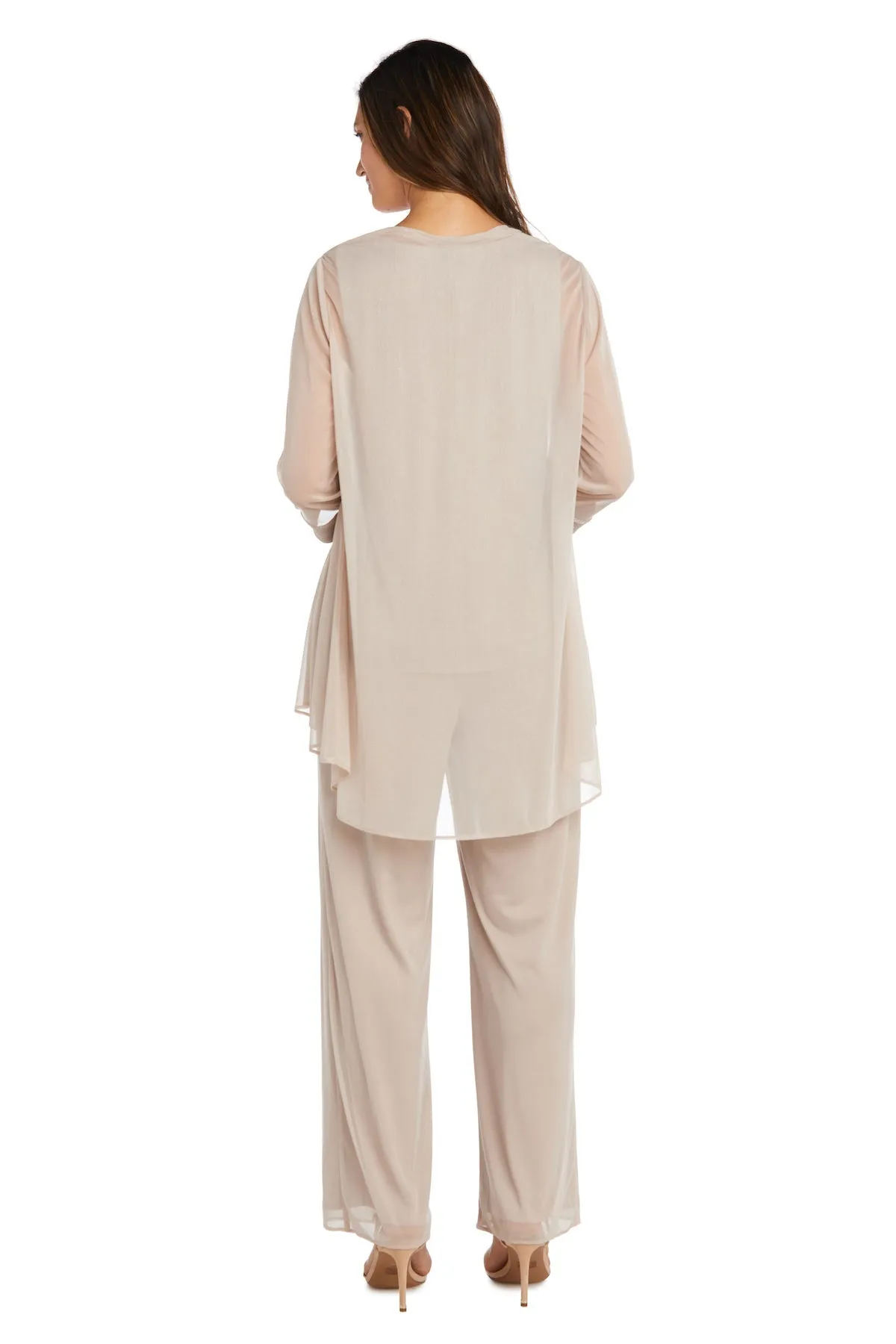Crinkle Chiffon Three-Piece Pant Set with Beaded Neckline