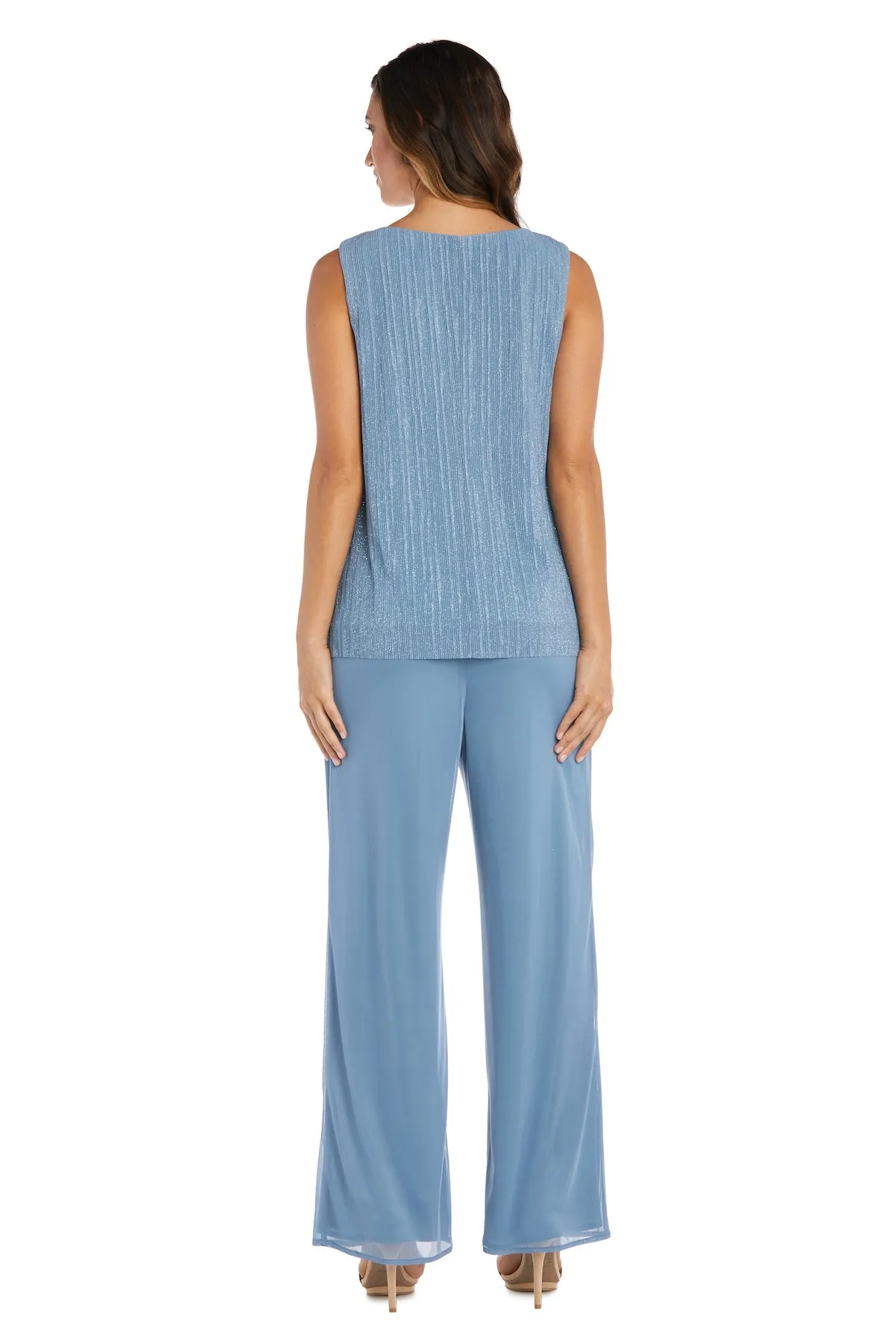 Crinkle Chiffon Three-Piece Pant Set with Beaded Neckline