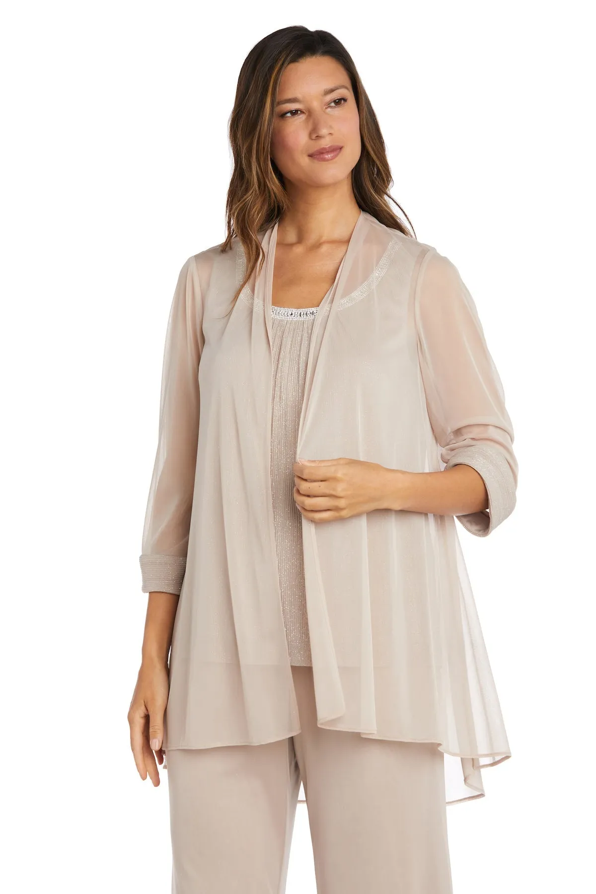 Crinkle Chiffon Three-Piece Pant Set with Beaded Neckline