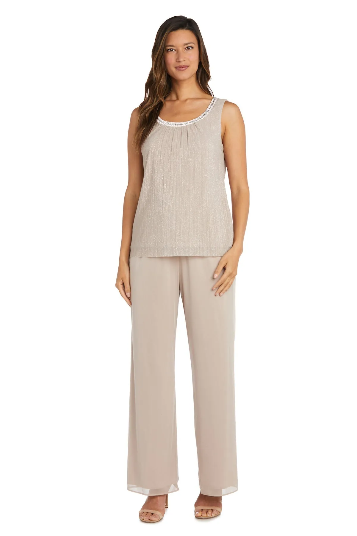 Crinkle Chiffon Three-Piece Pant Set with Beaded Neckline