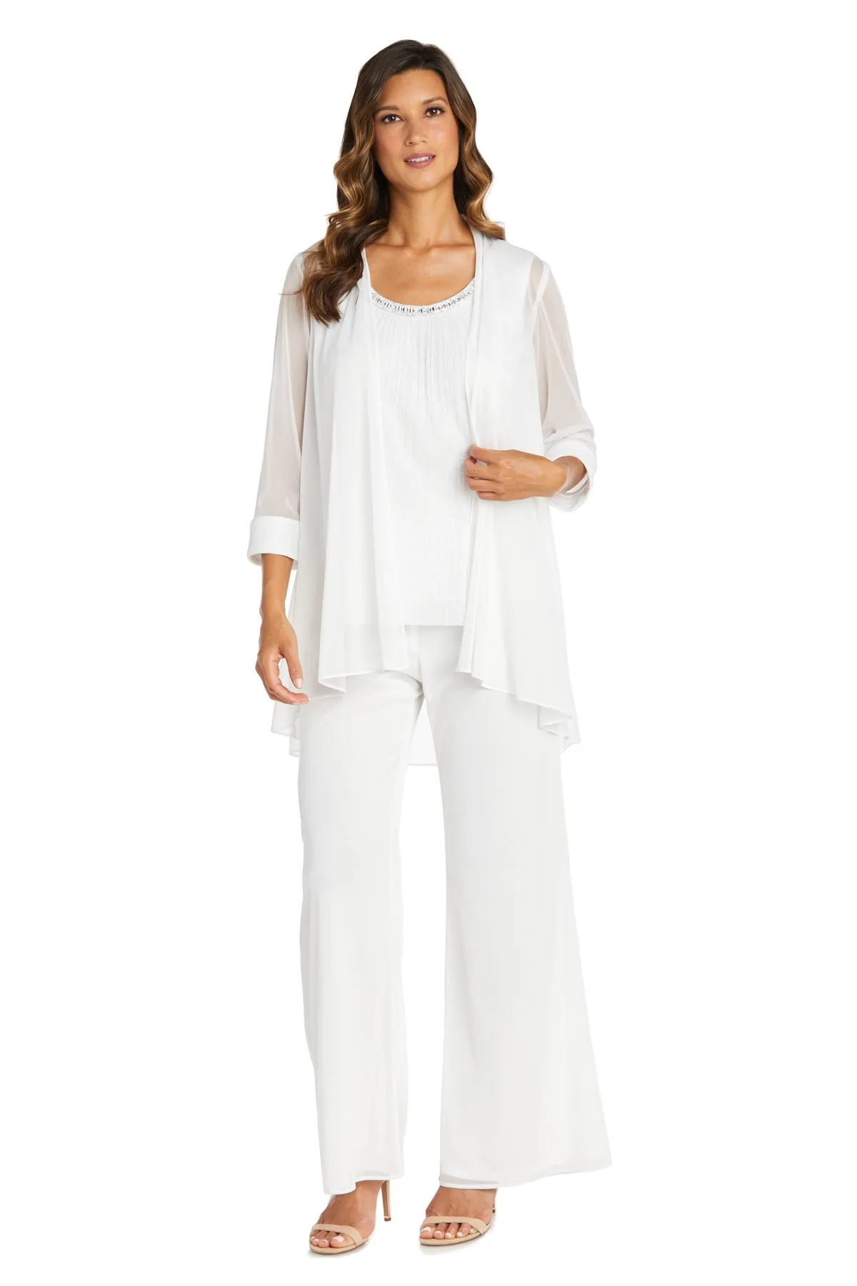 Crinkle Chiffon Three-Piece Pant Set with Beaded Neckline