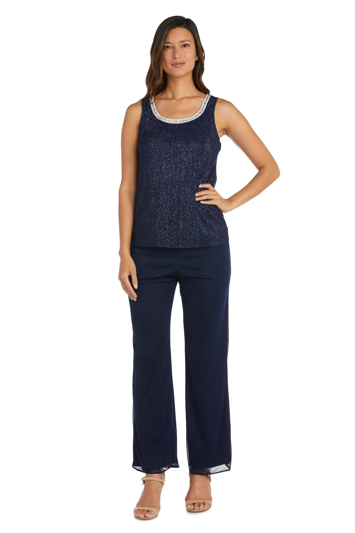 Crinkle Chiffon Three-Piece Pant Set with Beaded Neckline