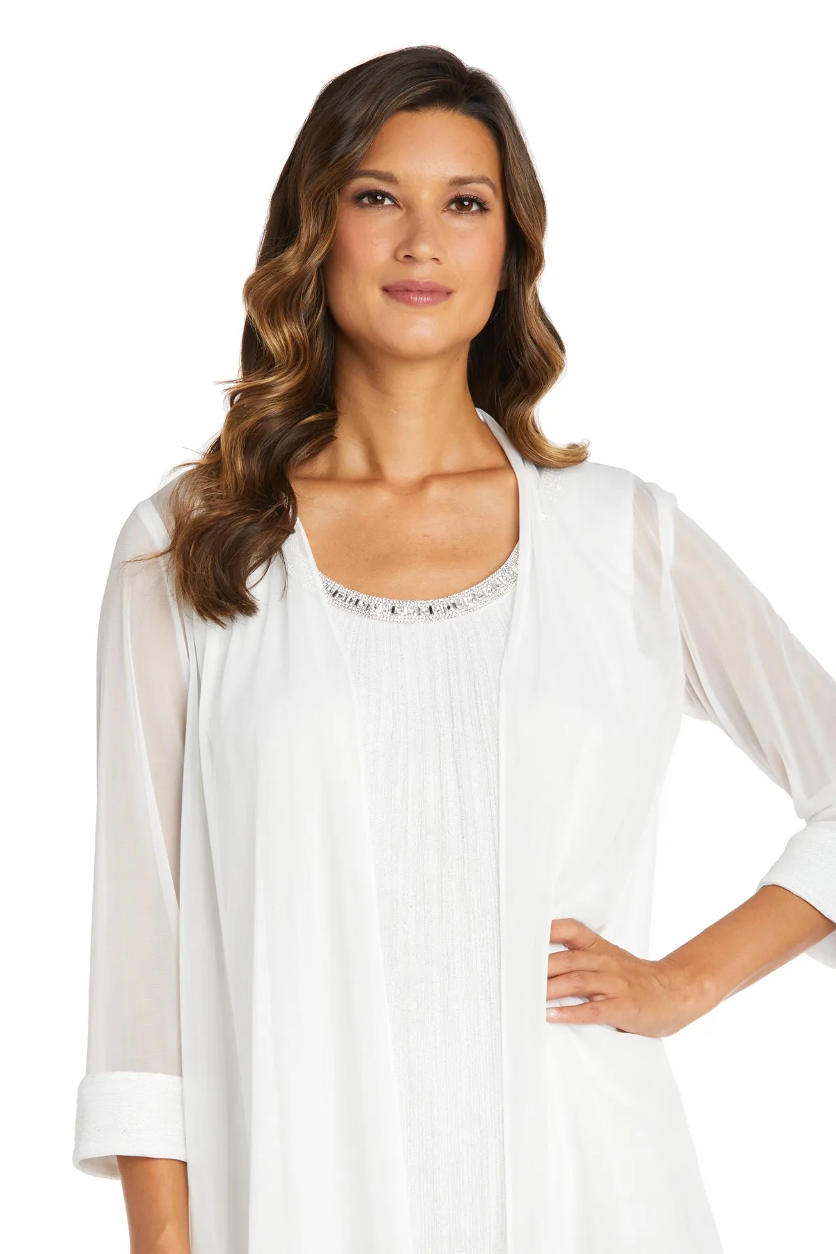 Crinkle Chiffon Three-Piece Pant Set with Beaded Neckline