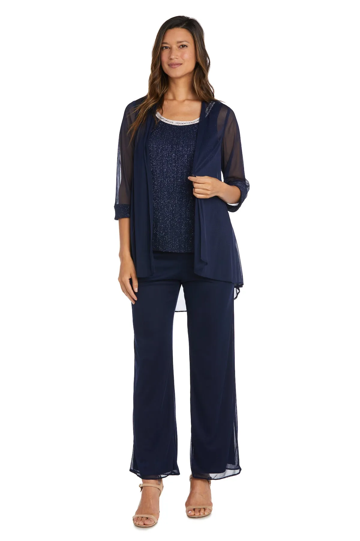 Crinkle Chiffon Three-Piece Pant Set with Beaded Neckline