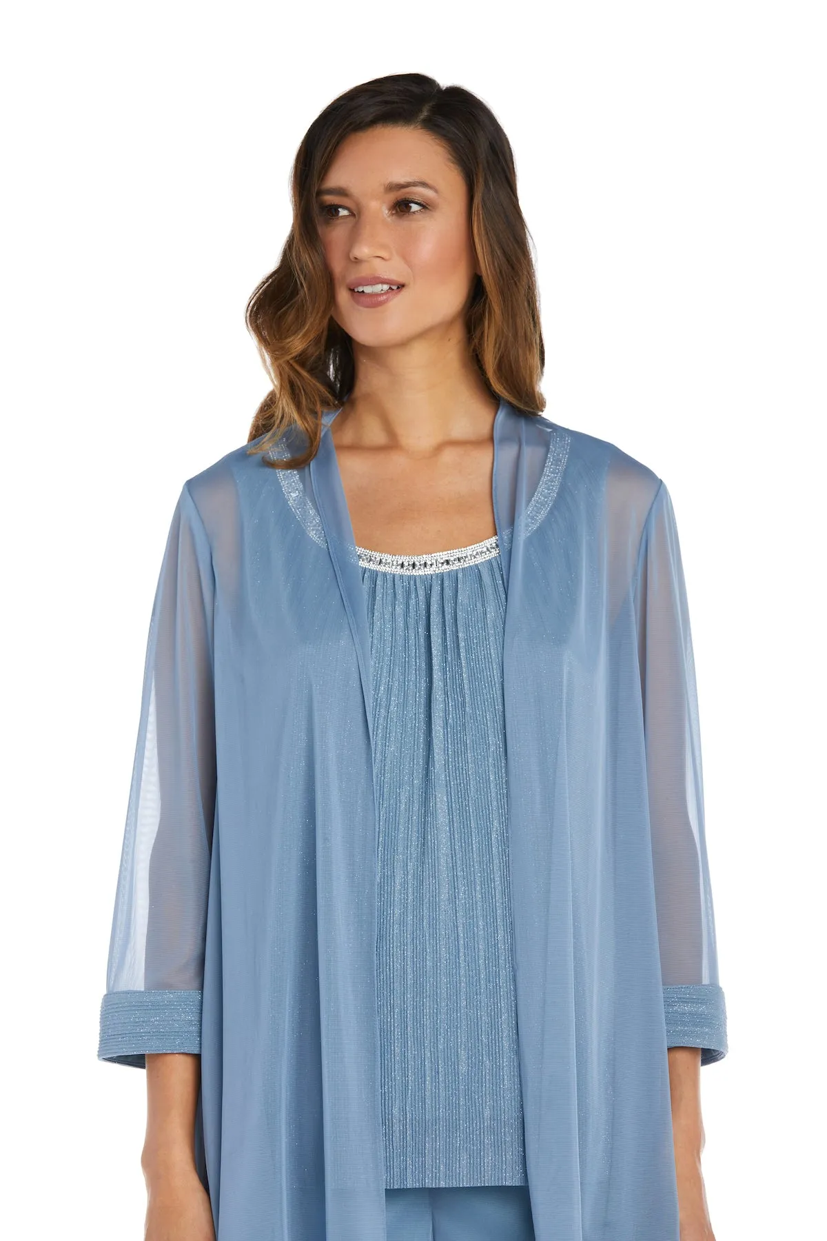 Crinkle Chiffon Three-Piece Pant Set with Beaded Neckline