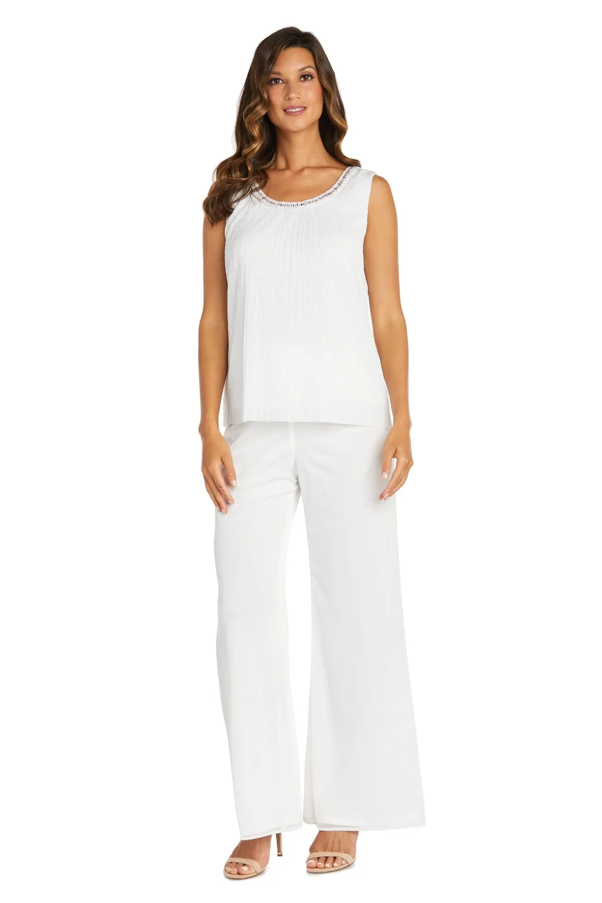 Crinkle Chiffon Three-Piece Pant Set with Beaded Neckline