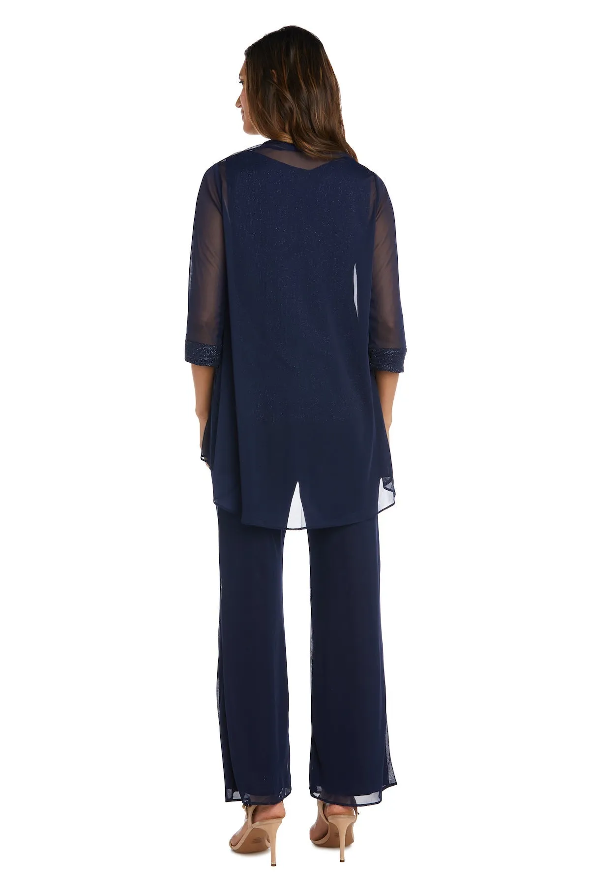 Crinkle Chiffon Three-Piece Pant Set with Beaded Neckline