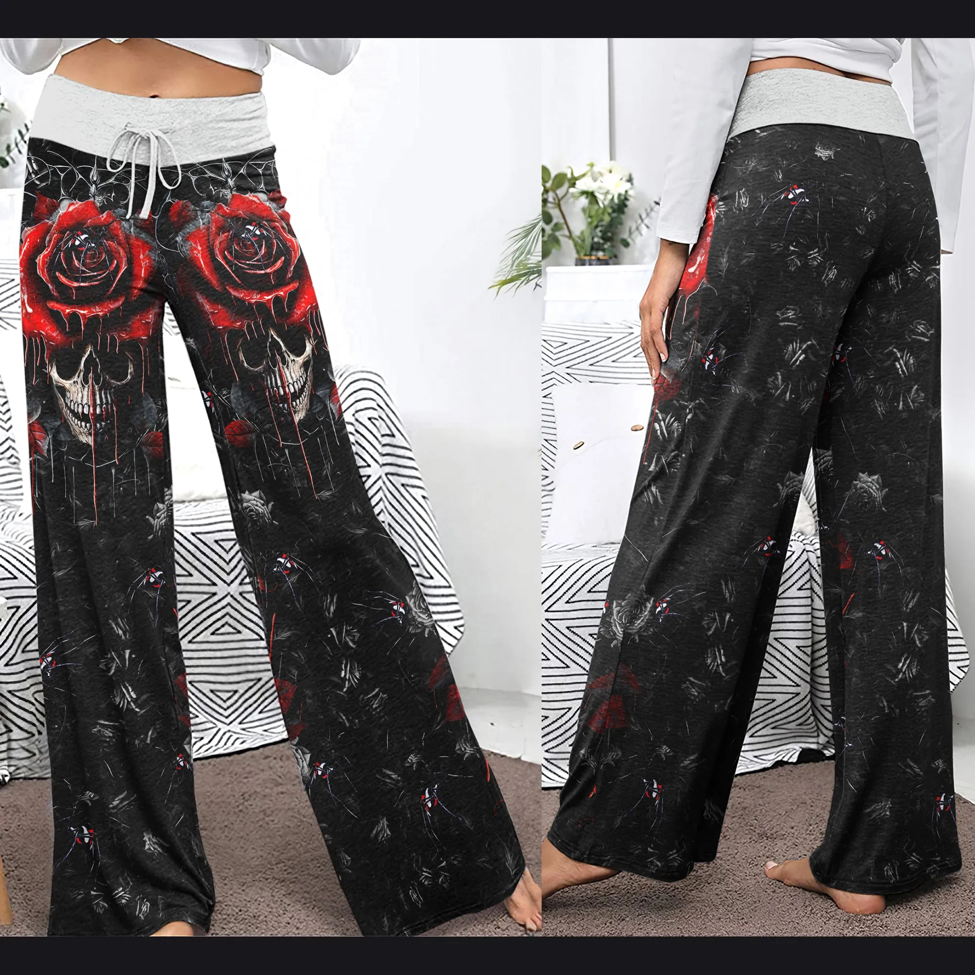 Dark Gothic Skull Rose Women's High-waisted Wide Leg Pants