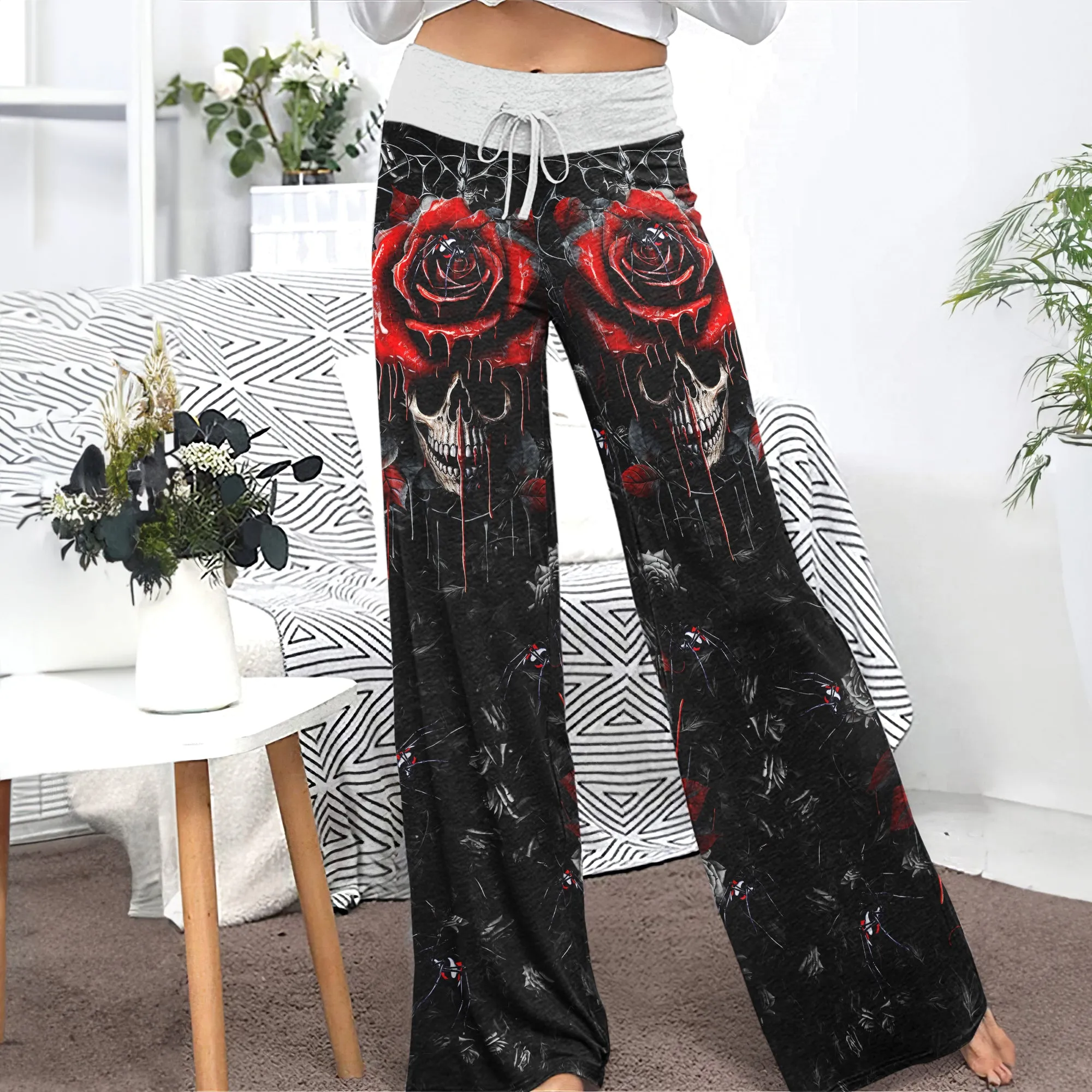 Dark Gothic Skull Rose Women's High-waisted Wide Leg Pants