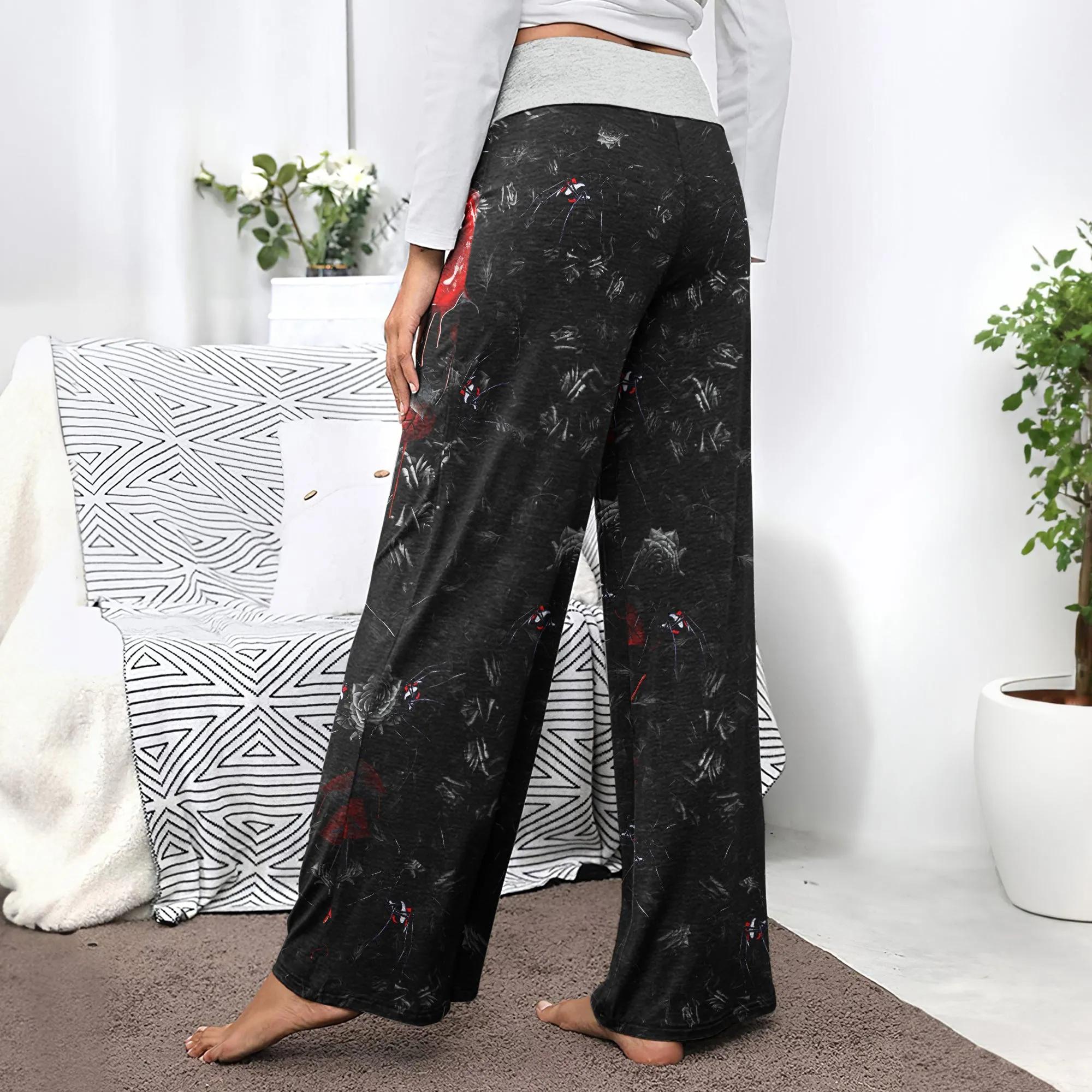 Dark Gothic Skull Rose Women's High-waisted Wide Leg Pants