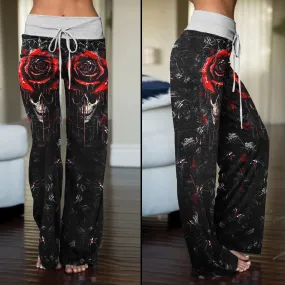 Dark Gothic Skull Rose Women's High-waisted Wide Leg Pants