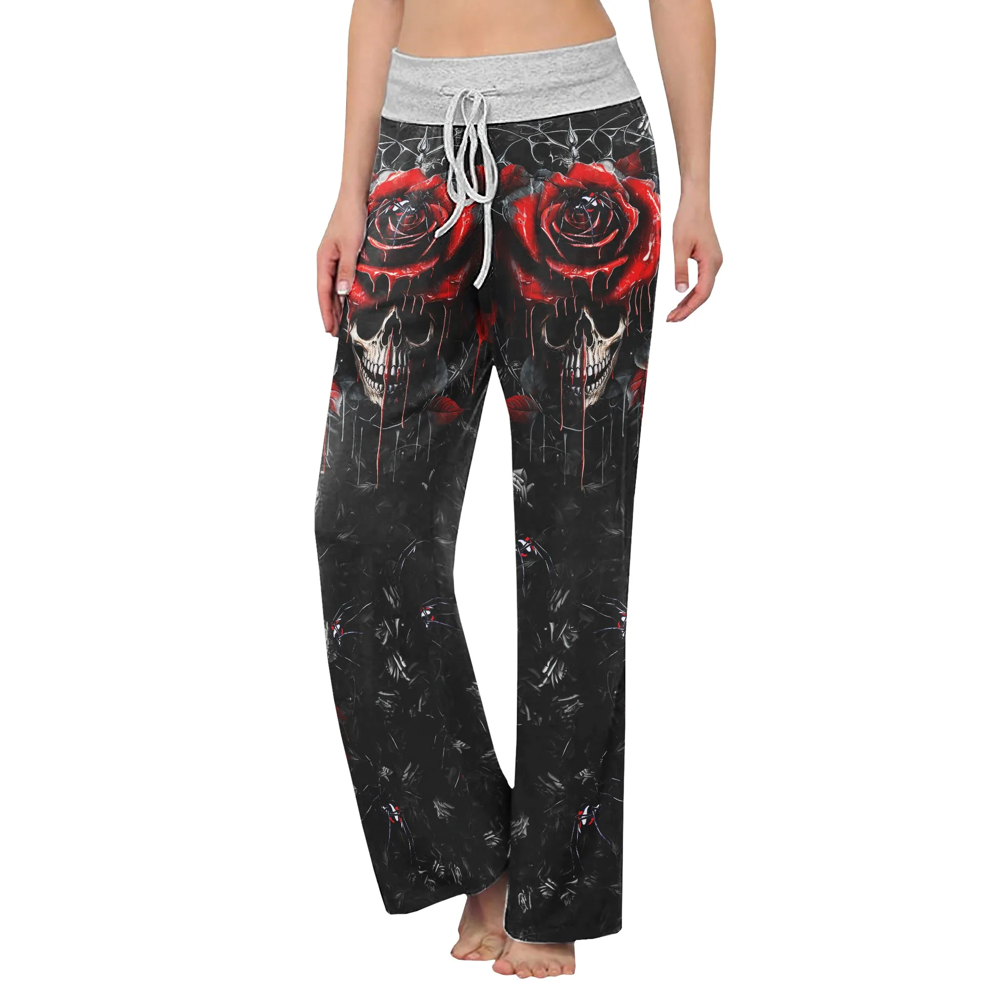 Dark Gothic Skull Rose Women's High-waisted Wide Leg Pants