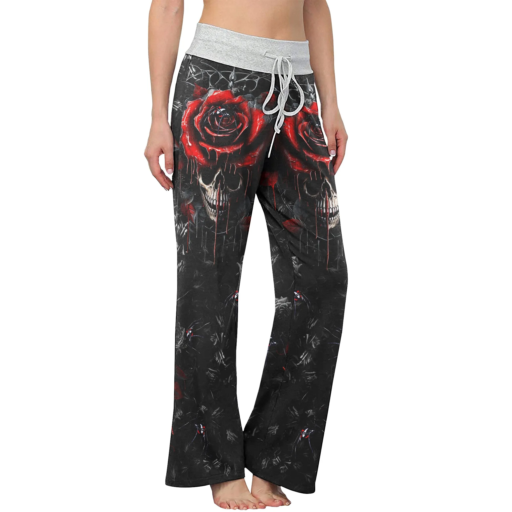 Dark Gothic Skull Rose Women's High-waisted Wide Leg Pants