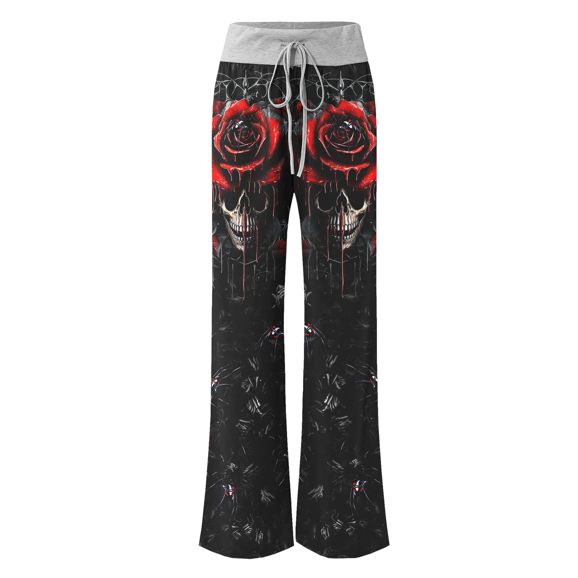 Dark Gothic Skull Rose Women's High-waisted Wide Leg Pants