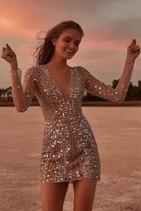 Dazzling Long Sleeve Deep V Neck Mesh Mini Dress - Gold