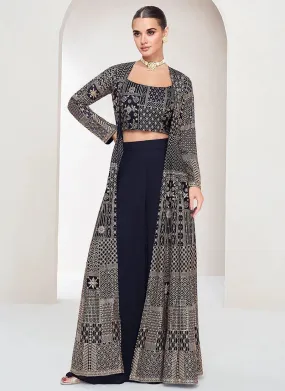 Designer Navy Blue Embroidered Jacket Style Palazzo Suit