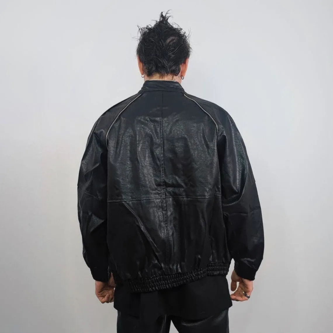 Faux leather utility jacket PU racing bomber gorpcore biker coat going out varsity motorcycle blazer catwalk jacket extreme zipper in black