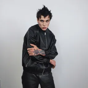 Faux leather utility jacket PU racing bomber gorpcore biker coat going out varsity motorcycle blazer catwalk jacket extreme zipper in black