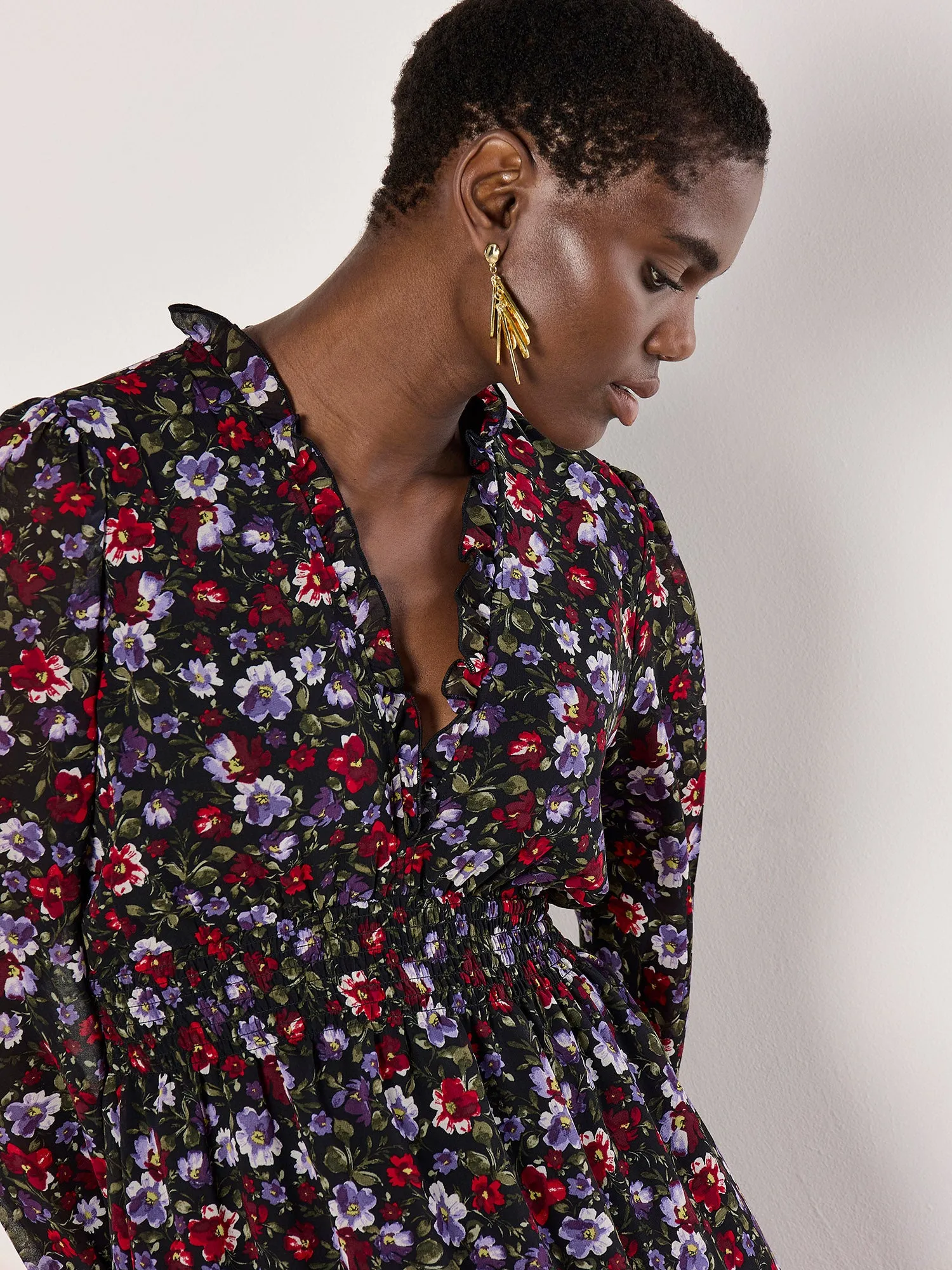 Floral Ruffle Chiffon Mini Dress