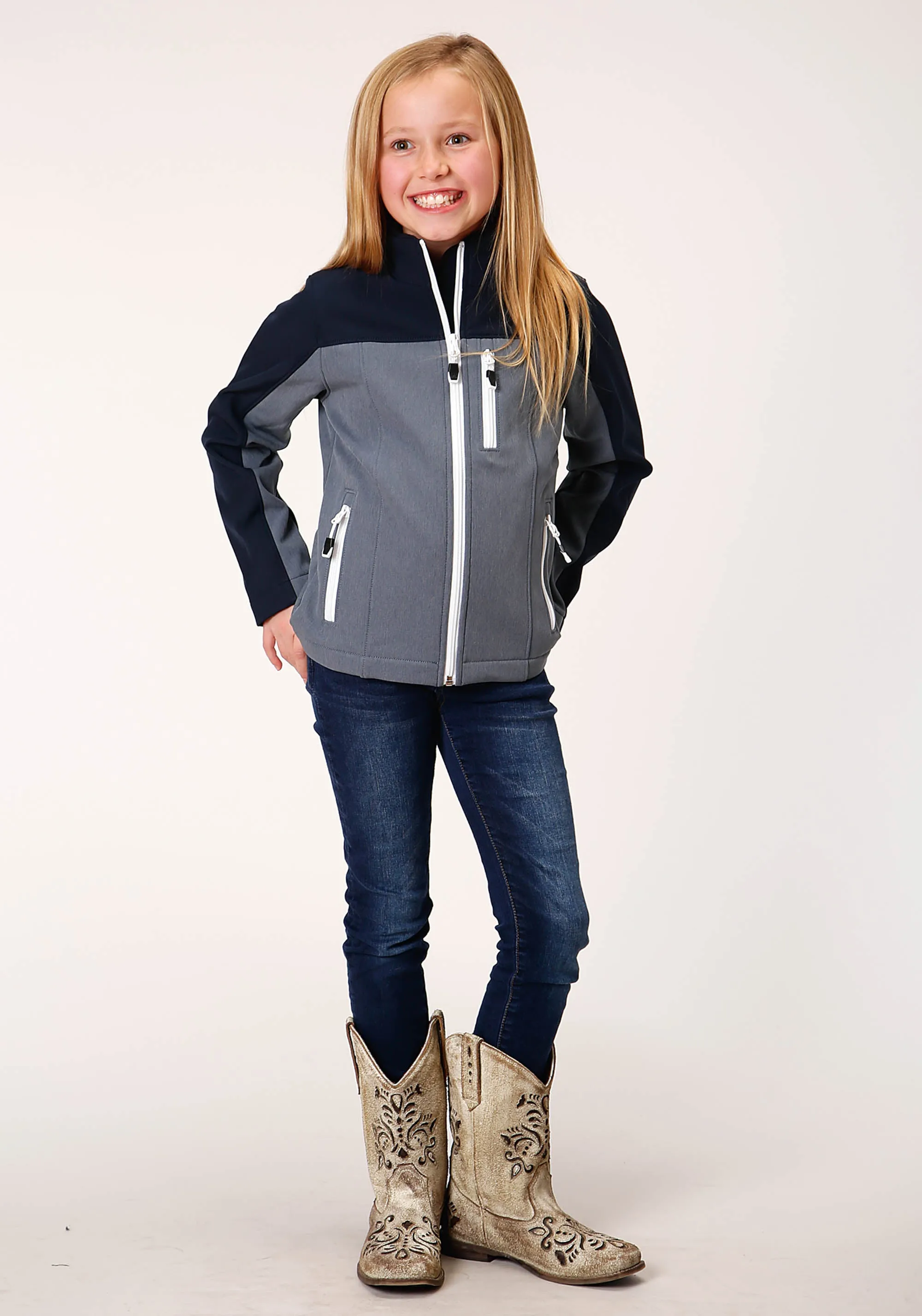 GIRLS  PIECED NAVY SOFTSHELL TECH JACKET