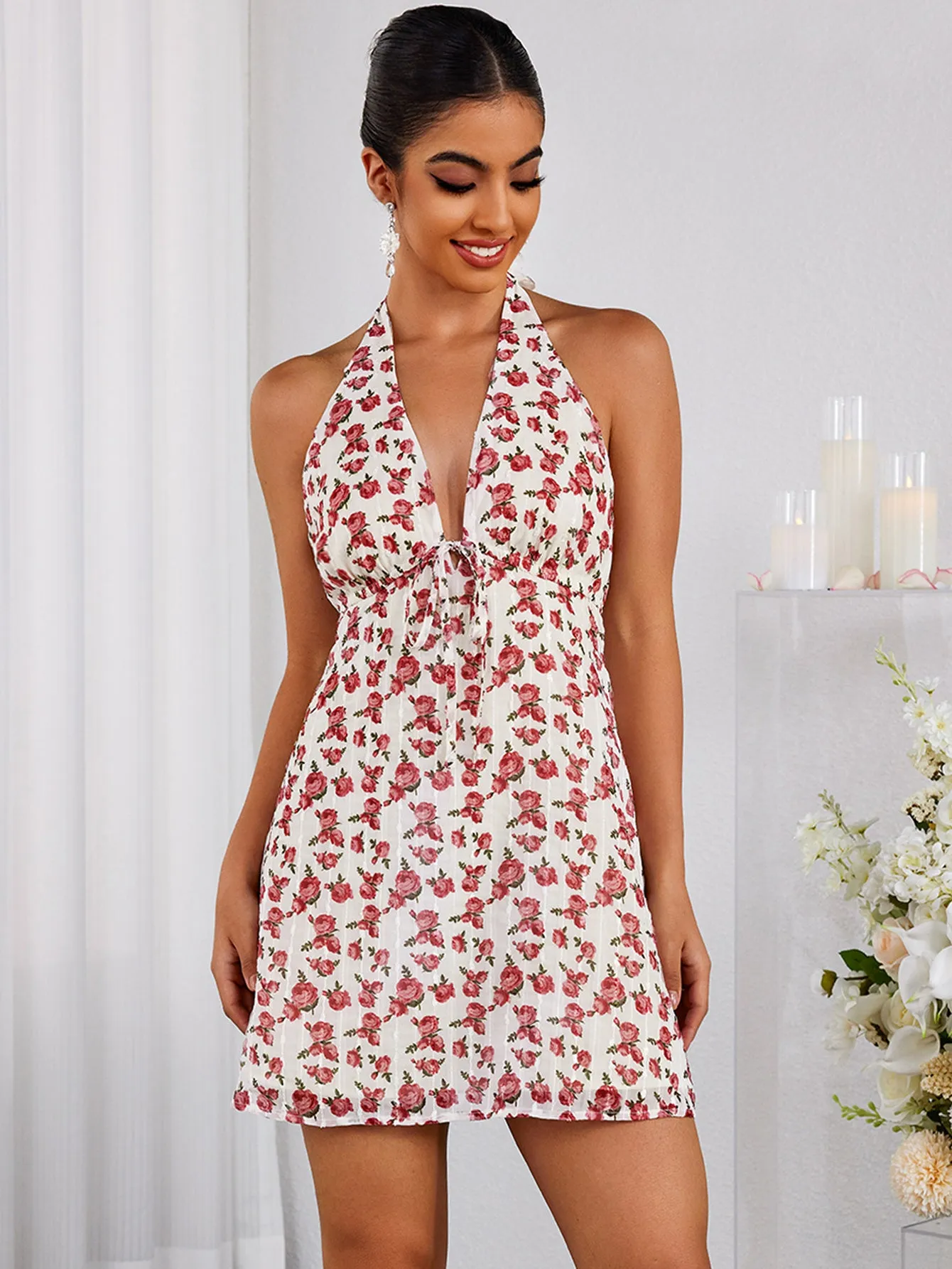 Halter Deep V-Neck Tie Front Mini Dress